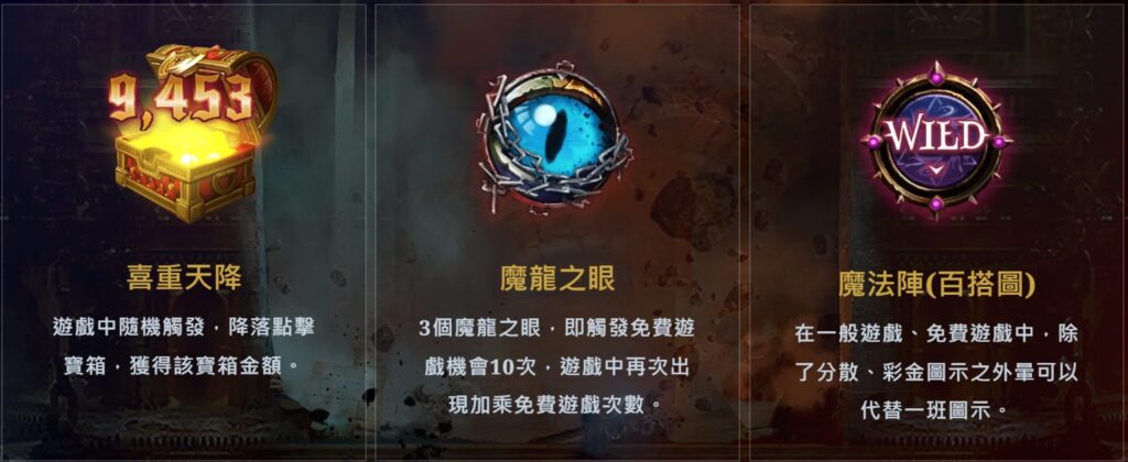 魔龍傳奇遊戲特色 1.喜從天降 2.魔龍之眼 3.魔法陣